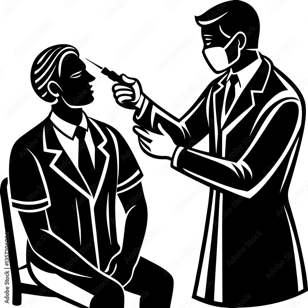 A silhouette of a doctor administering a vaccine shot to a patient A silhouette of a doctor administering a vaccine shot to a patient