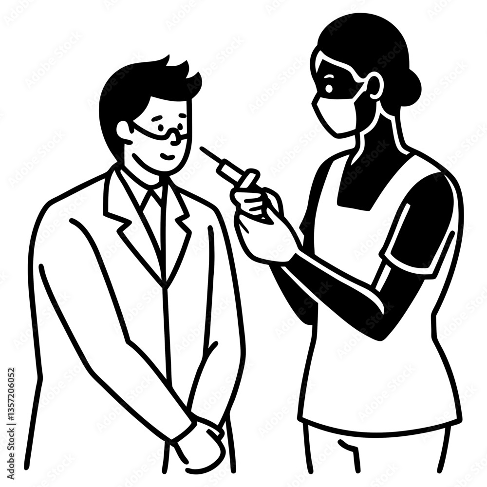 A silhouette of a doctor administering a vaccine shot to a patient A silhouette of a doctor administering a vaccine shot to a patient