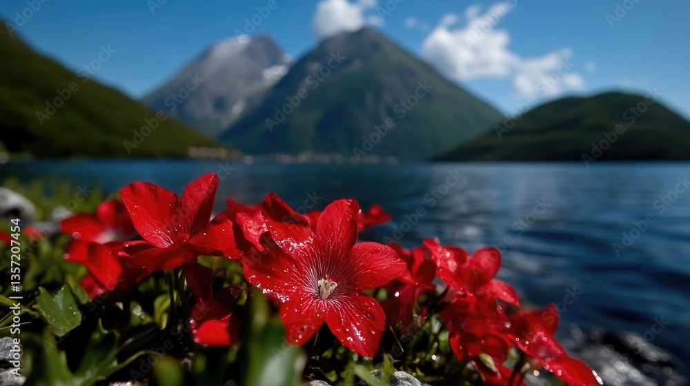 Red flowers by a lake, mountains in background Red flowers by a lake, mountains in background