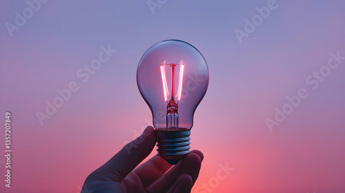 Hand Holding Illuminated Light Bulb Against Sunset Sky