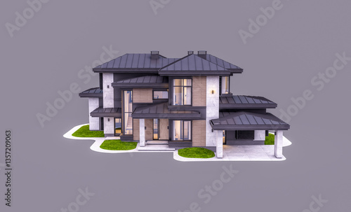 3d rendering of modern two story house with gray and wood accents, large windows, parking. In the evening Isolated on gray