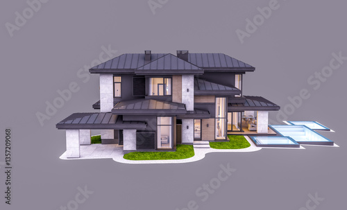 3d rendering of modern two story house with gray and wood accents, large windows, parking. In the evening Isolated on gray