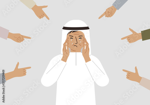The concept of public condemnation, victim blaming and bullying. Crying depressed man. The fingers point at the character and hate him. Internet cyberbullying. Vector flat illustration