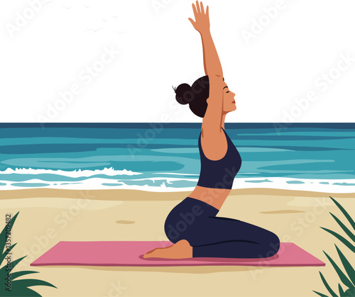 Illustration of a woman doing yoga on mat at the beach with her arms raised against a ocean backdrop and transparent sky