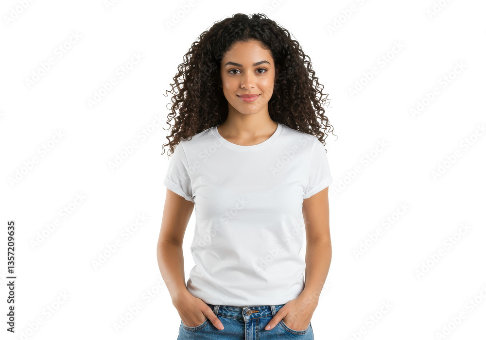 custom made wallpaper toronto digitalYoung pretty woman standing with hands in pockets, wearing blank white t-shirt isolated on White background PNG transparent background