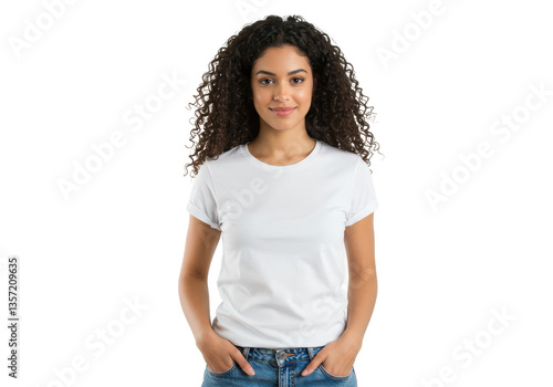 Wallpaper Mural Young pretty woman standing with hands in pockets, wearing blank white t-shirt isolated on White background PNG transparent background Torontodigital.ca