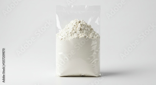 Flour in Clear Plastic Bag Packaging on White Background Still Life