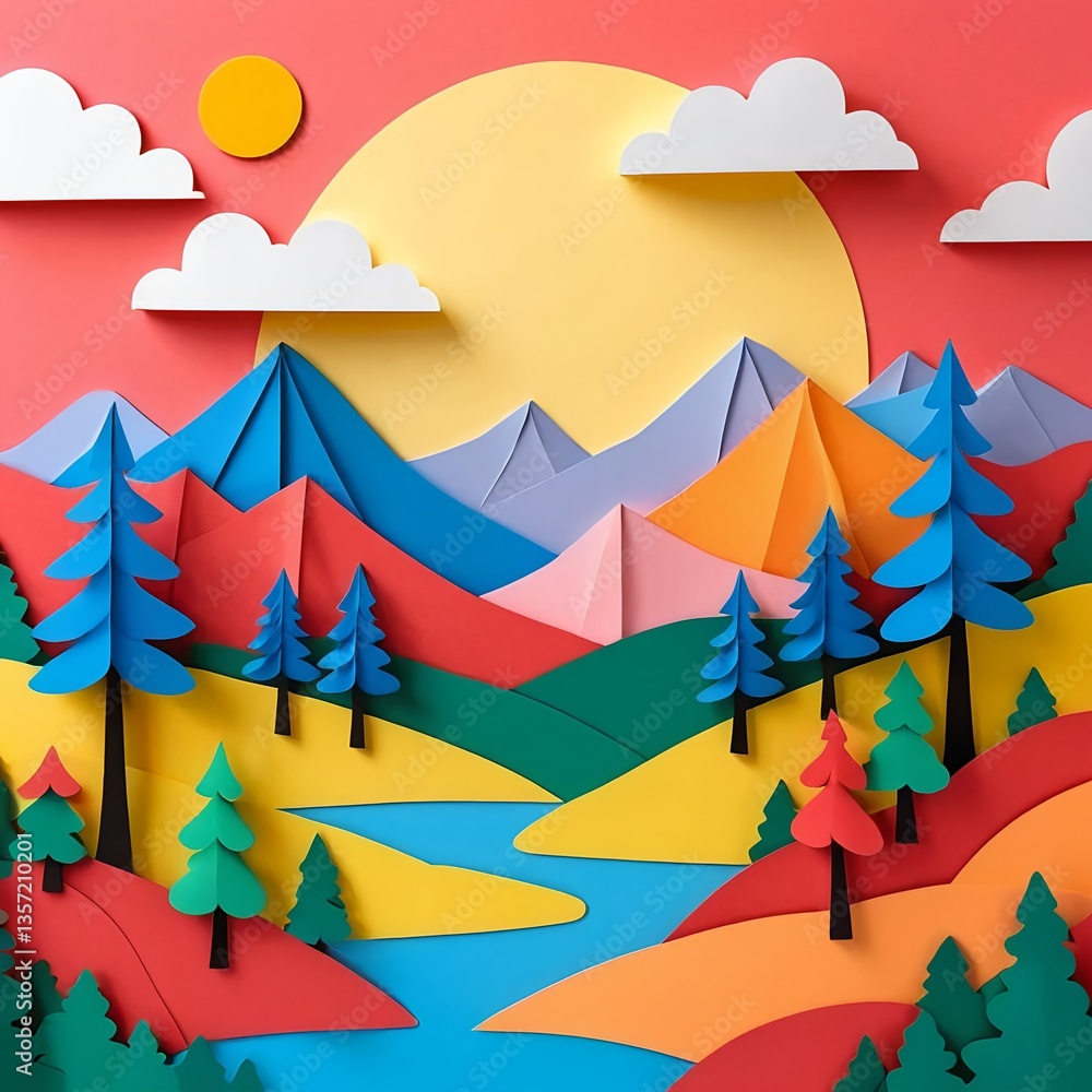 Colorful Paper Craft Landscape with Mountains, River, and Trees Colorful Paper Craft Landscape with Mountains, River, and Trees