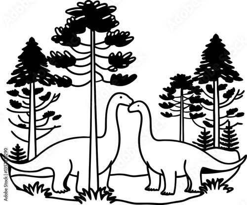 Two sauropod dinosaurs in prehistoric forest, outline illustration