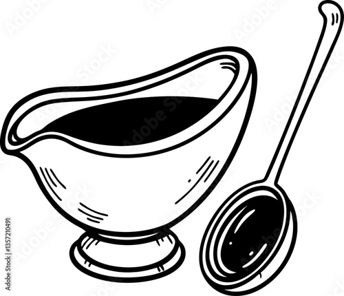 vintage gravy boat illustration with serving ladle, classic culinary design