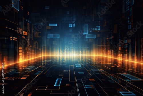 Digital labyrinth of the future in a shimmering glow. Technological lines in space create an illusion of an endless path. Generative AI