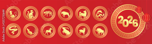 elegant chinese zodiac symbols in gold with traditional patterns on a red background, featuring all 12 animals and the year 2026. perfect for chinese new year, astrology, and festive decorations.