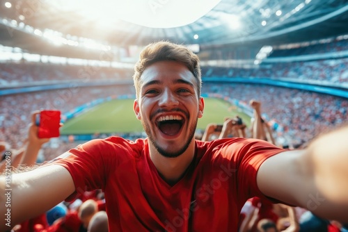 Fan enjoying soccer game and taking a selfie