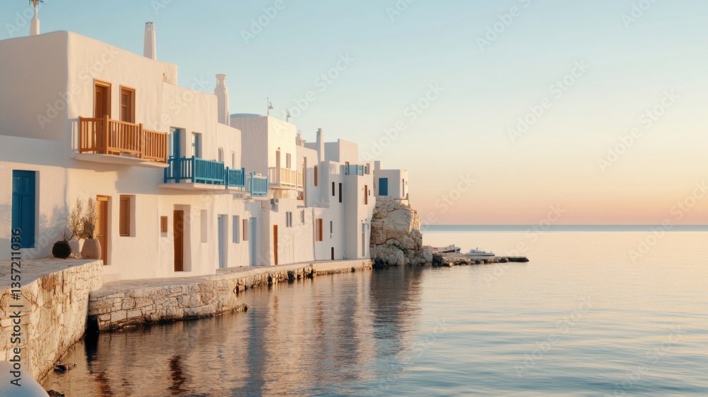 Obraz premium Calm sunset over the Mediterranean with serene coastal views and picturesque white buildings along the shoreline