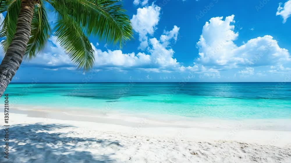 A beautiful tropical beach features soft white sand, clear turquoise waters, and swaying palm trees under a bright blue sky. A perfect summer vacation spot A beautiful tropical beach features soft white sand, clear turquoise waters, and swaying palm trees under a bright blue sky. A perfect summer vacation spot