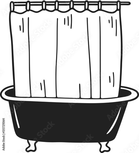 vintage clawfoot bathtub with closed shower curtain, retro bath design illustration