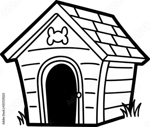 Simple wooden doghouse, line art design for pets shelter with roof and decoration