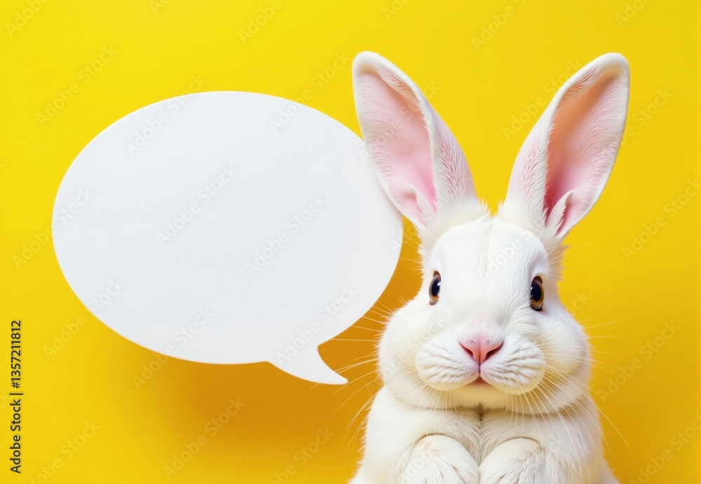 Fototapeta premium White Rabbit with Blank Speech Bubble on Yellow Background