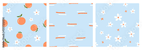Seamless patterns with orange fruit, hand drawn line, orange and white flowers on blue backgrounds vector.
