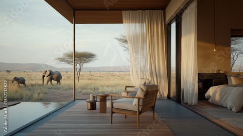 Experience luxury and nature at a safari lodge in Kenya overlooking elephants at sunrise