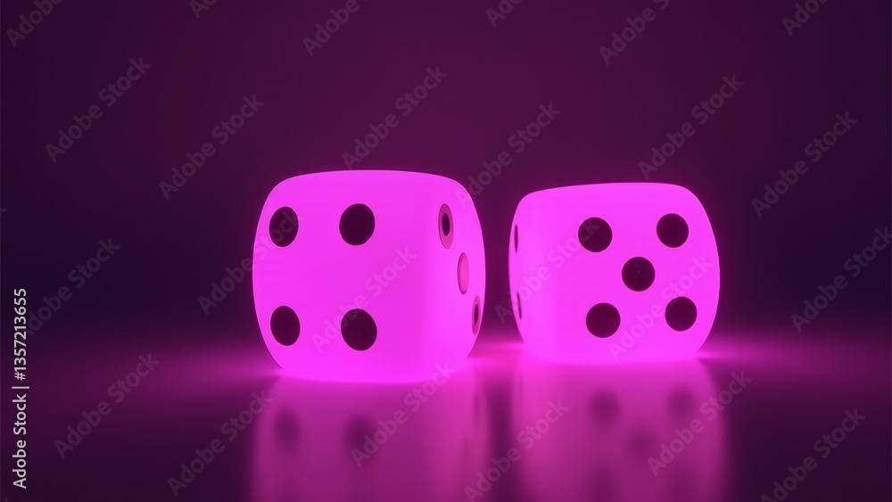 Pair Of Glowing Pink Dice on Surface Pair Of Glowing Pink Dice on Surface