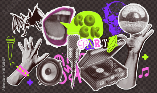 Rock Music party halftone collage elements set. Hands, speaker, eye, singing to microphones mouth, vinyl player torn paper stickers. Trendy modern retro grunge vector illustration on dark background