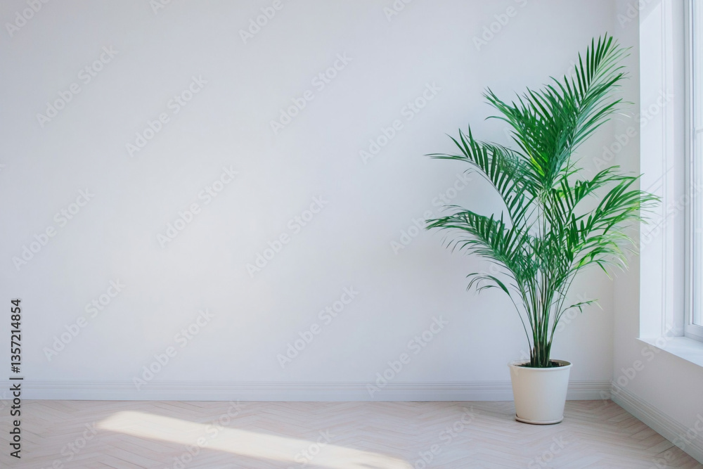 There is a plant in a pot sitting in front of a window There is a plant in a pot sitting in front of a window