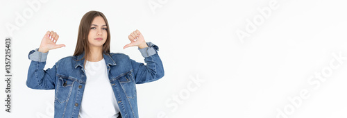 Tableau sur toile Close up photo amazing beautiful lady thumbs indicate direct chest self-confiden