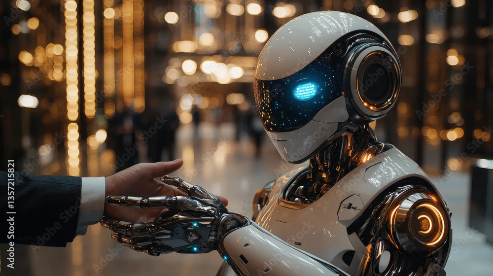 Fototapeta premium Business Meeting of the Future: Human and AI Robot