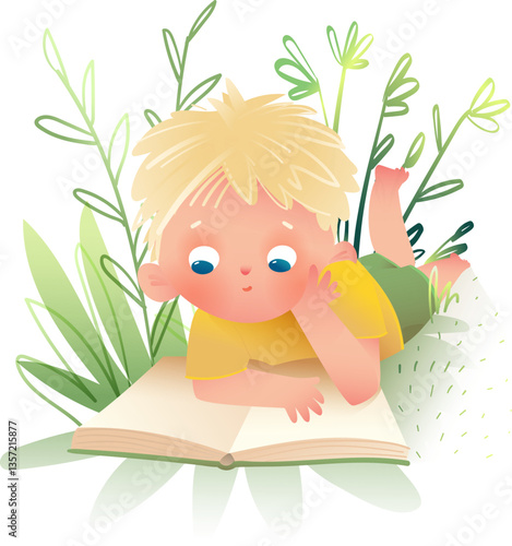 Little Boy Reading a Book Outside in Nature Laying on Grass. Boy character cartoon studying or learning with open book in park. Fun colorful vector cartoon illustration for children and kids education