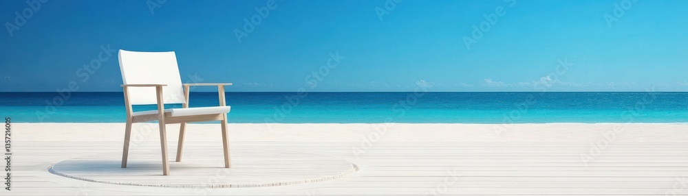 A serene beach scene featuring a white chair on a wooden deck, overlooking a tranquil blue ocean under a clear sky. A serene beach scene featuring a white chair on a wooden deck, overlooking a tranquil blue ocean under a clear sky.