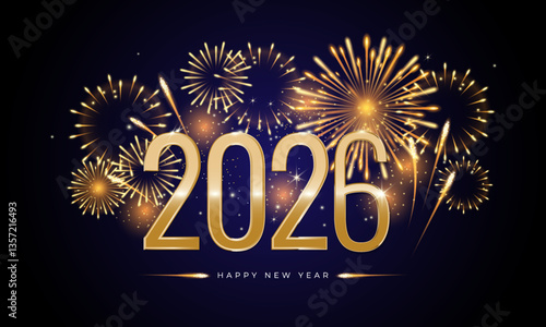 Happy New Year 2026 greeting banner with gold number and golden fireworks on night background. Design template for poster, cover, greeting card, web, social media