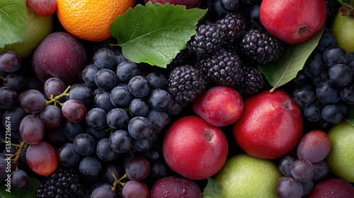 Fruits colorés: oranges juteuses, poire verte et framboises fruits rouges fraîs