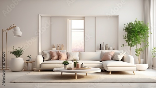 minimalist living room with white walls and a wooden floor.