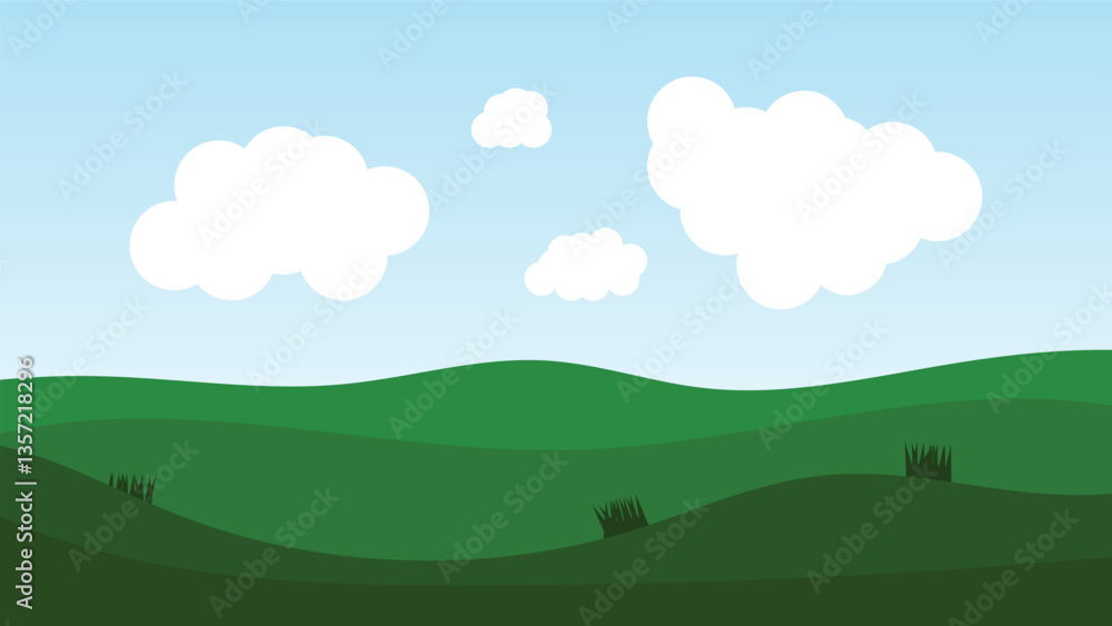 landscape cartoon scene background. green field with big white fluffy cloud and blue sky landscape cartoon scene background. green field with big white fluffy cloud and blue sky