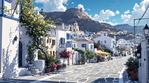 Fototapeta Naklejka Na Ścianę i Meble -  Street view of mykonos with greece style houses. Anime style