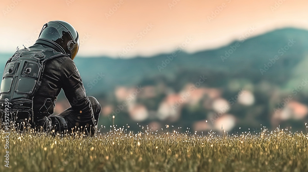 Astronaut sits in meadow