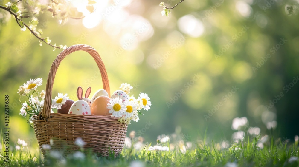 Pastel Easter egg basket with chocolate bunnies and spring flowers, radiating warmth and joy. Pastel Easter egg basket with chocolate bunnies and spring flowers, radiating warmth and joy.