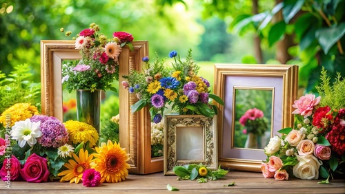 Colorful Flower & Greenery Picture Frames Display - Home Decor Stock Photo