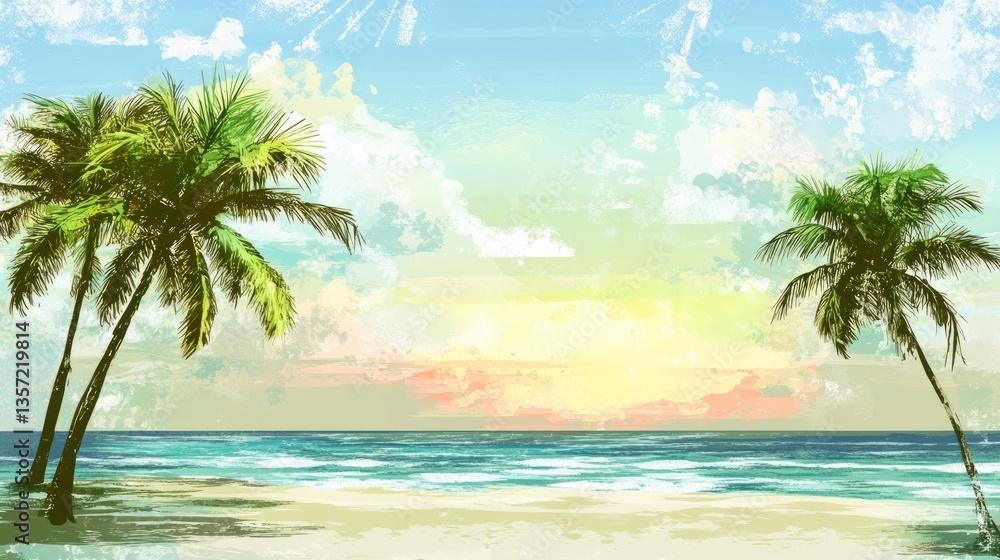 Fototapeta premium Tranquil Tropical Sunset: Palm Trees on a Serene Beach