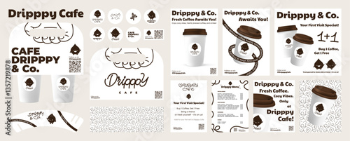 Brown and modern design for coffee shop, drink carrier, cardboard sleeve, stickers, logo, seamless pattern, menu, 3D posters. Coffee to go, packaging design for cafe. Branding and identity. Vector set