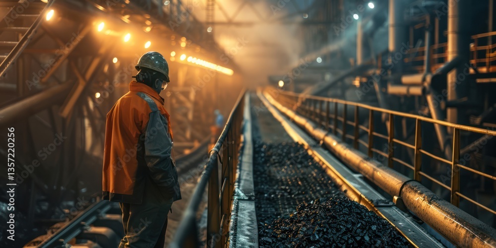 Worker inspecting long belt conveyor of coal open pit mine industrial light magic examining men occupation photography. Worker inspecting long belt conveyor of coal open pit mine industrial light magic examining men occupation photography.
