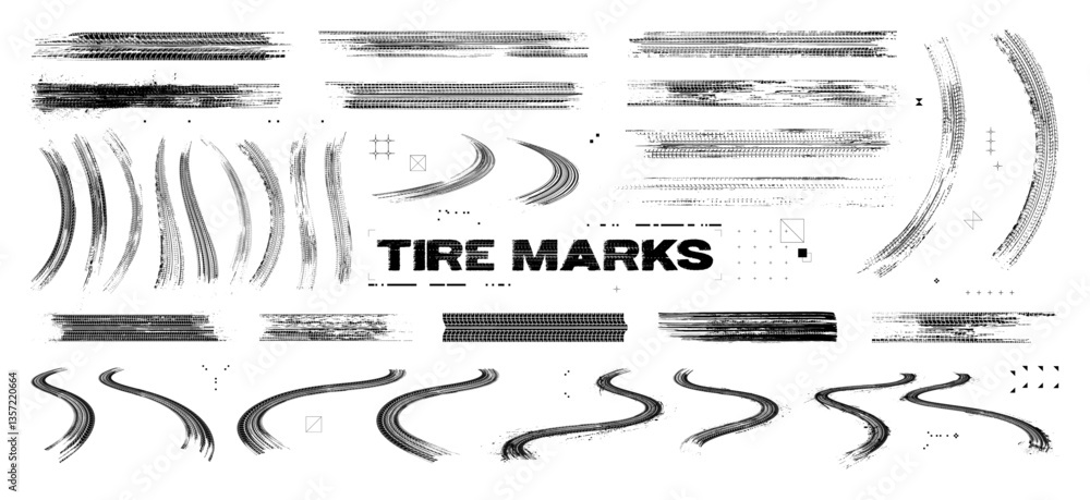 Fototapeta premium Tire tread marks after skidding, launch, drift, powerslide in motorsport, rally, off-road, motocross. Tread mark with skidding, sanding, dirty mark on asphalt. Wheel texture with splash effect. Vector