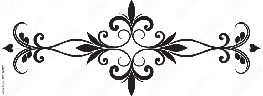 Elegant Decorative Divider Line with Symmetric Ornamental Border, Featuring Floral Motif and Abstract Flourish Filigree Elements Elegant Decorative Divider Line with Symmetric Ornamental Border, Featuring Floral Motif and Abstract Flourish Filigree Elements