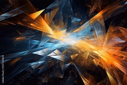 Geometric abstract explosion of energy and color. Fragments of light in the form of sharp angles. Dynamic composition. Generative AI