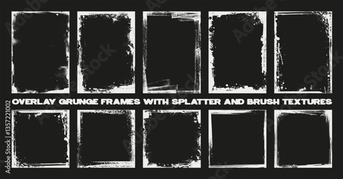 Artistic grunge frame border, overlay texture for old, dirty, retro, vintage effects. Square and rectangular overlay texture with brush strokes effect. Dirty texture effect. Vector graphic collection