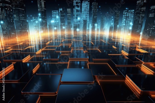 A futuristic cityscape where digital blocks form a dynamic structure, blending elements of cyberpunk and modern design to create a sense of technological breakthrough. Generative AI