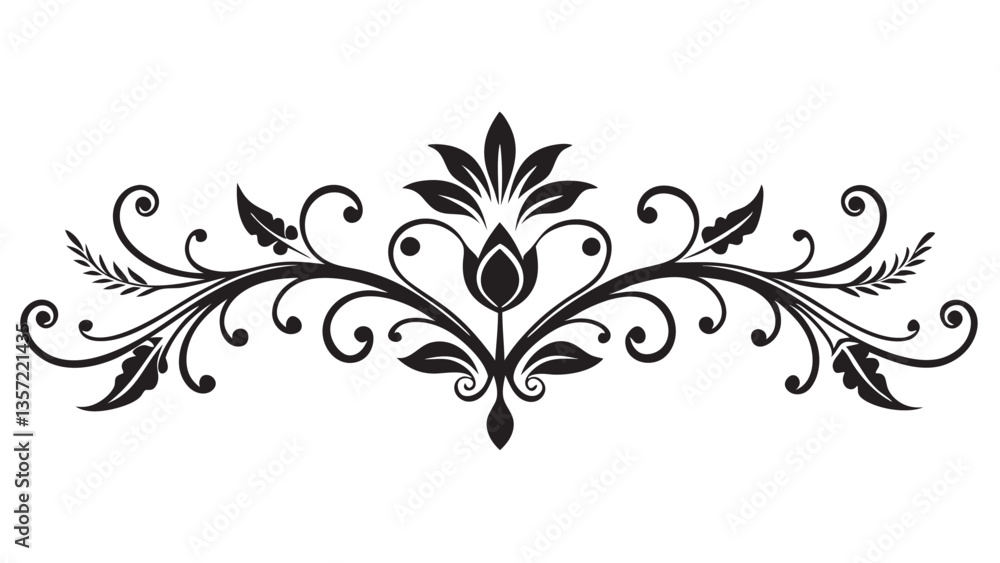 Elegant Decorative Divider Line with Symmetric Ornamental Border, Featuring Floral Motif and Abstract Flourish Filigree Elements Elegant Decorative Divider Line with Symmetric Ornamental Border, Featuring Floral Motif and Abstract Flourish Filigree Elements