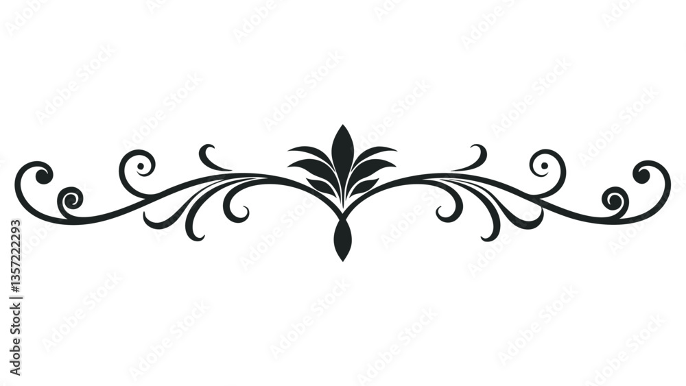 Elegant Decorative Divider Line with Symmetric Ornamental Border, Featuring Floral Motif and Abstract Flourish Filigree Elements Elegant Decorative Divider Line with Symmetric Ornamental Border, Featuring Floral Motif and Abstract Flourish Filigree Elements