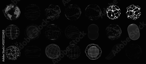 Futuristic 3D spheres with decay particles, hologram of planet earth, geometric spheres, magic balls, round 3D figures. Black and white set of geometric shapes, holograms, science fiction. Vector set